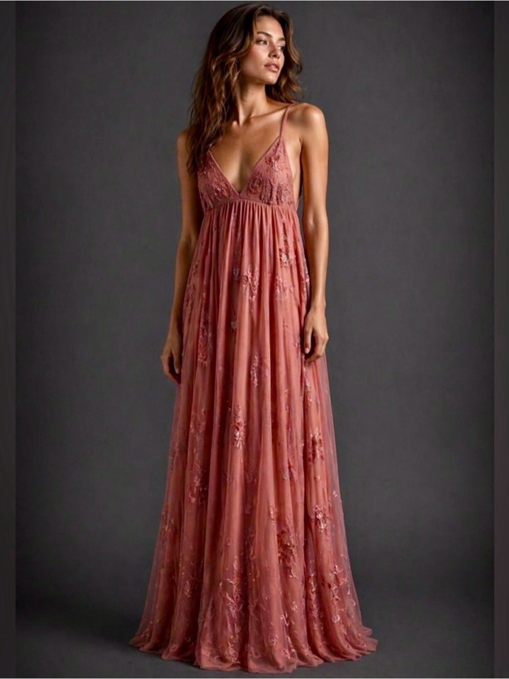 BHLDN Dusty Rose Embroidered Spaghetti-Strap Maxi Dress, Size 6, NWT
